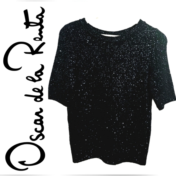 Oscar de la Renta Sweaters - Oscar de la Renta Black Sequin Silk Cotton Top Size Medium